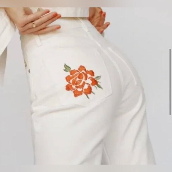 Reformation Jeans Cynthia High Rise Straight Leg Embroidered White 23 NEW $198 - Picture 9 of 12